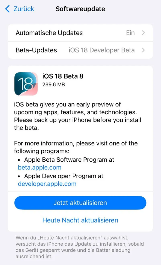 宿豫苹果手机维修分享苹果 iOS / iPadOS 18 开发者预览版 Beta 8 发布 